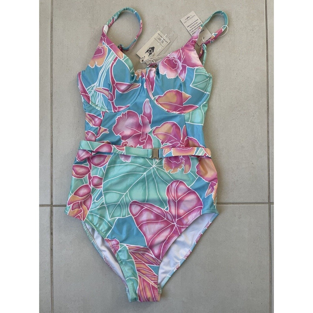 Kenny Flowers Swim One Piece Swimsuit Maui Tropical Floral MISSING BELT
